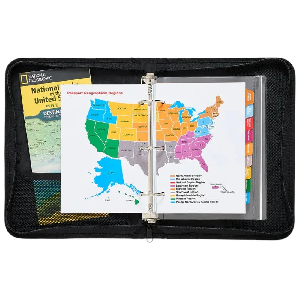 Black binder with a colorful map of the United States and National Geographic book on a white background