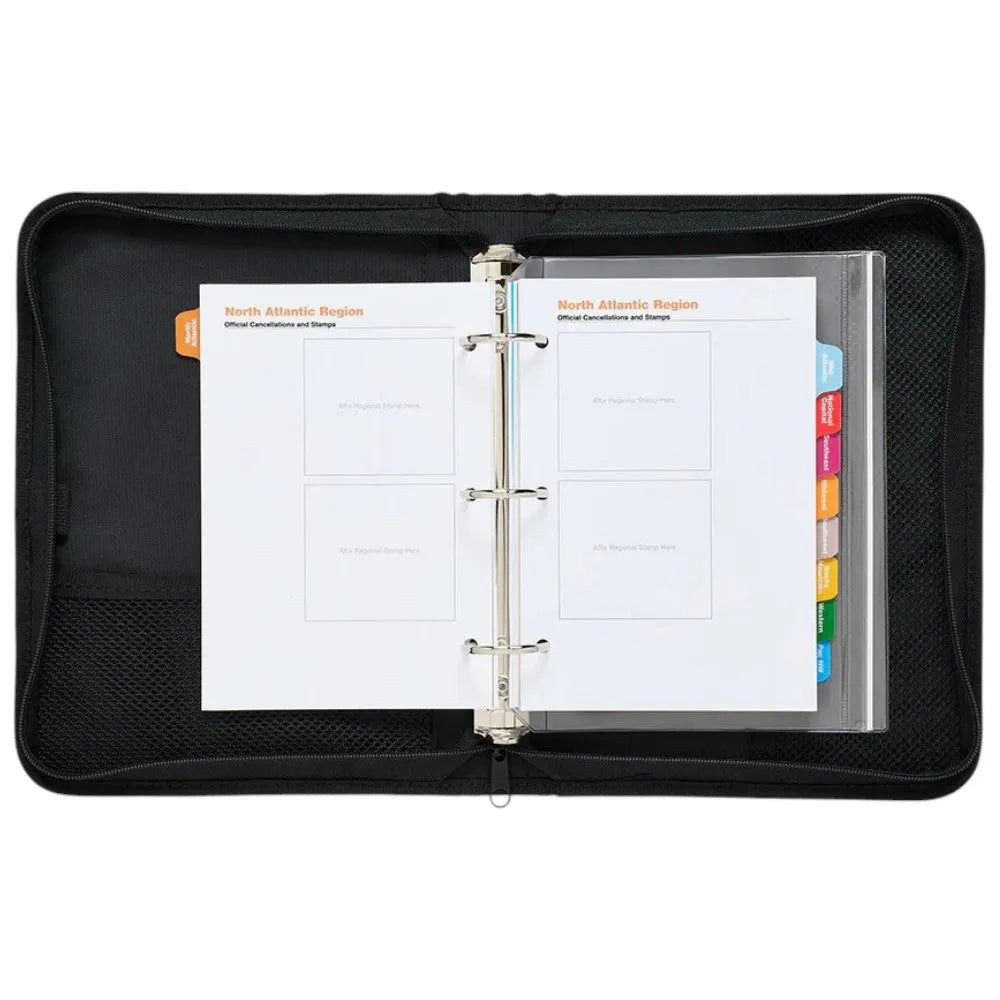 Black organizer with a ring binder and labeled sections on a white background