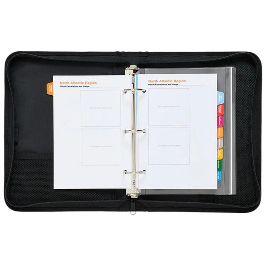 Black organizer with a ring binder and labeled sections on a white background