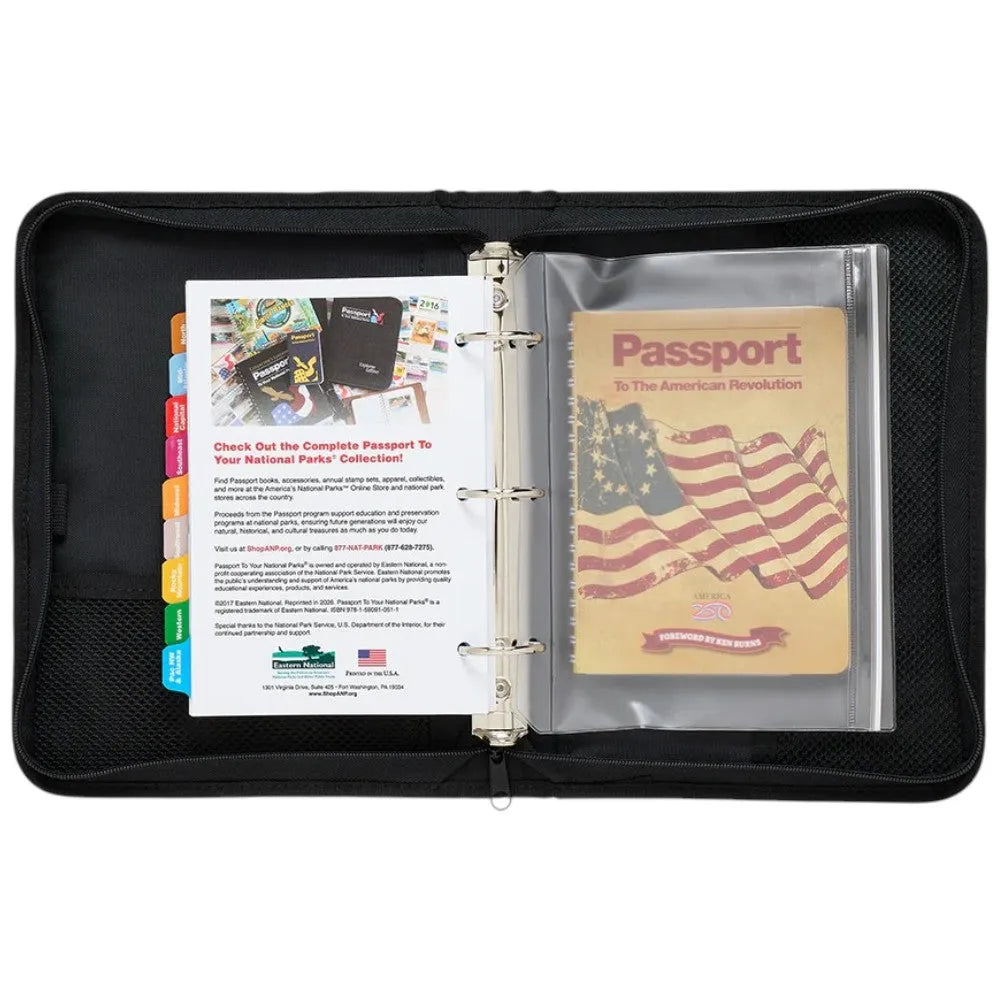 Black travel organizer with a passport and National Parks passbook inside