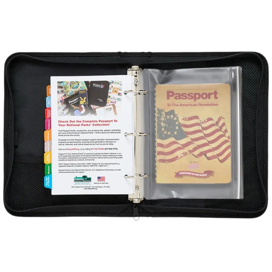 Black travel organizer with a passport and National Parks passbook inside