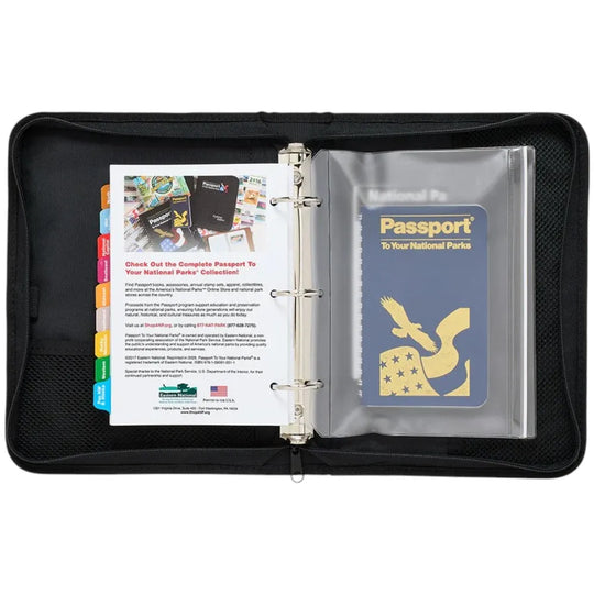 Black travel organizer with a passport holder and leaflets inside