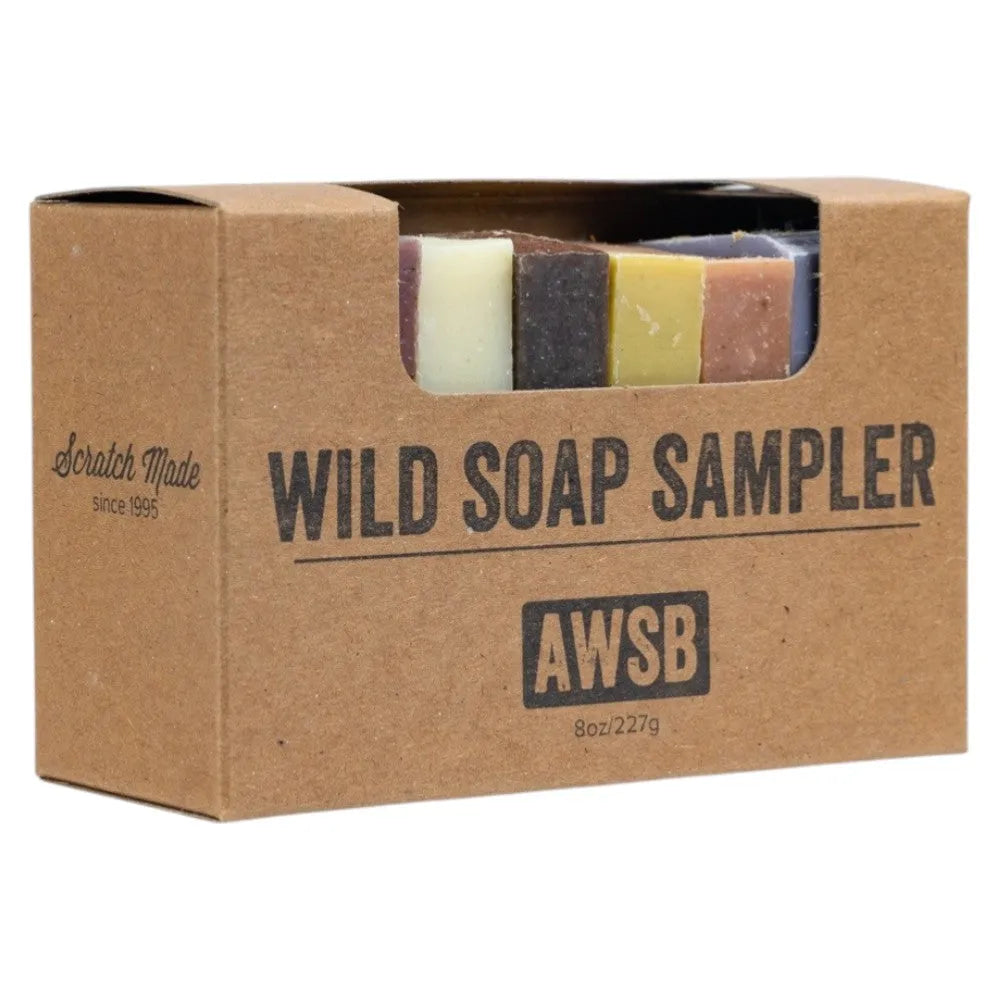 Wild Soap Sampler packaging with eight soap bars inside on a white background