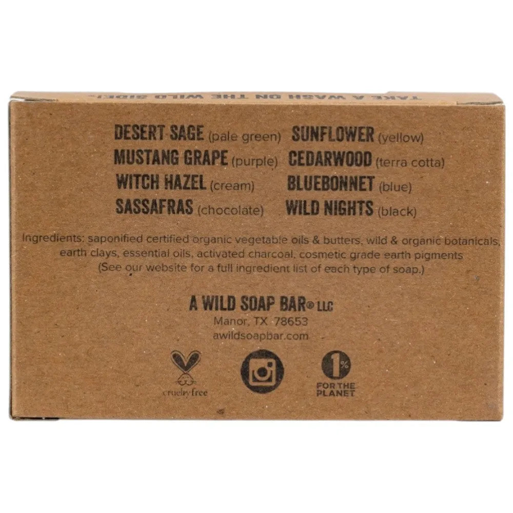 Back of a cardboard soap packaging box with color options and branding details.