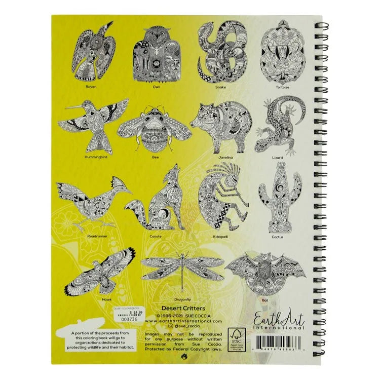 Desert Critters Coloring Book back cover with various fancifully decorated desert animals