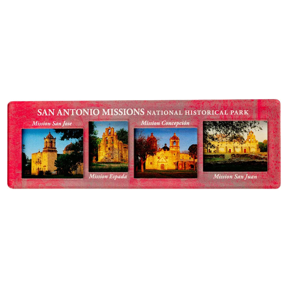 San Antonio Missions National Historical Park acrylic magnet - four missions on white background