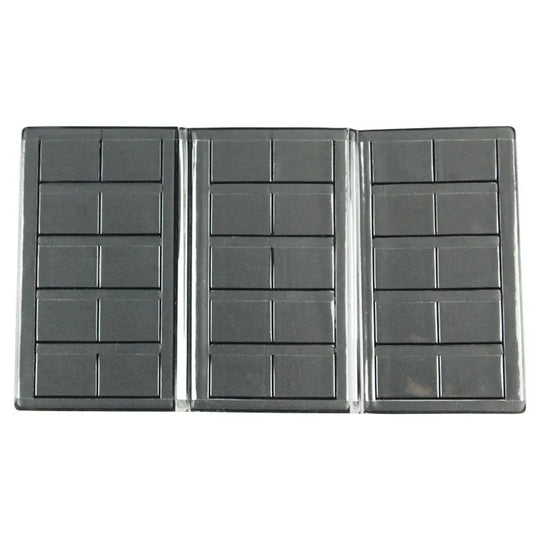 Black collectible token album interior showing 30 individual token sleeves on a white background