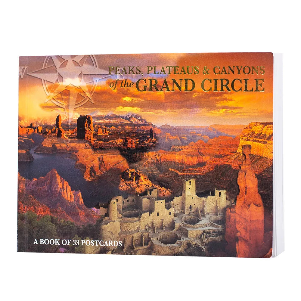 Book of postcards titled 'Peaks, Plateaus & Canyons of the Grand Circle' with a scenic cover.