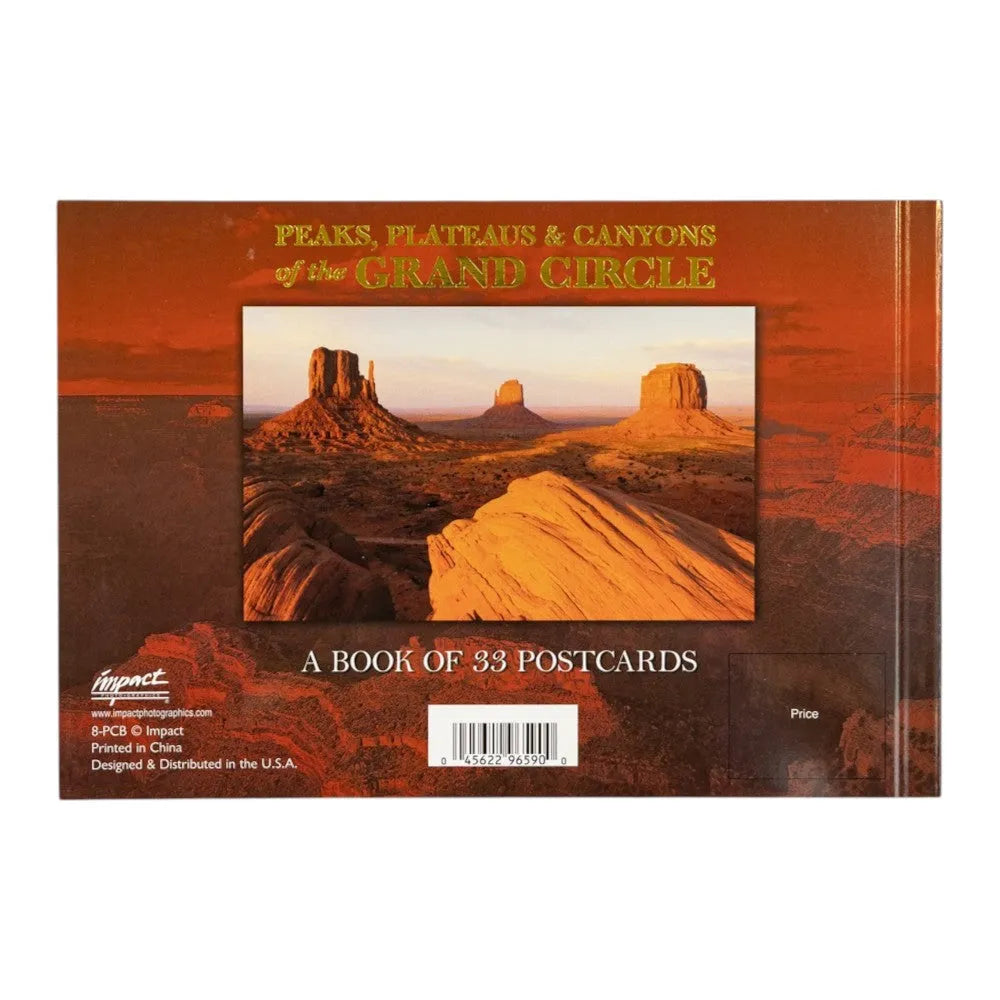Book of postcards titled 'Peaks, Plateaus & Canyons of the Grand Circle' with a scenic cover.