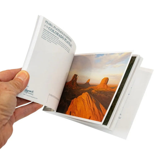 Open book showing a page with a desert landscape illustration, held by a hand.