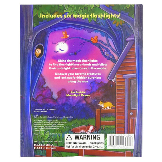 Moonlight Animals back cover with night scene of a back yard
