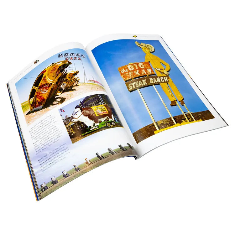 Interior pages from Route 66: Spirit of the Mother Road by Bob Moore depicting roadside signs
