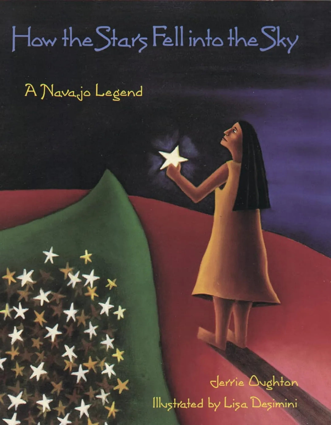 Book cover of 'How the Stars Fell into the Sky' with a woman holding a star and a green fabric with stars.