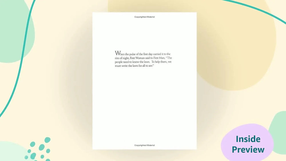 A centered white preview card with a short quote and the text 'Copyrighted Material' on a soft pastel background with abstract teal and cream shapes. A purple badge in the lower right says 'Inside Preview'.