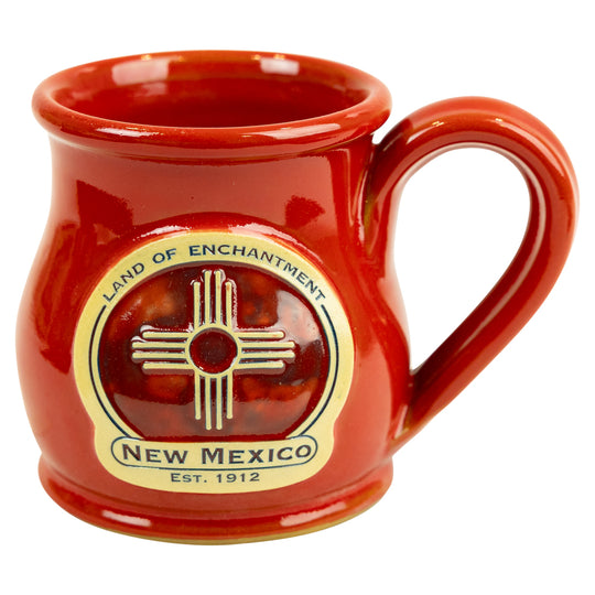 Red New Mexico Zia Sun Round Belly Mug on a white background