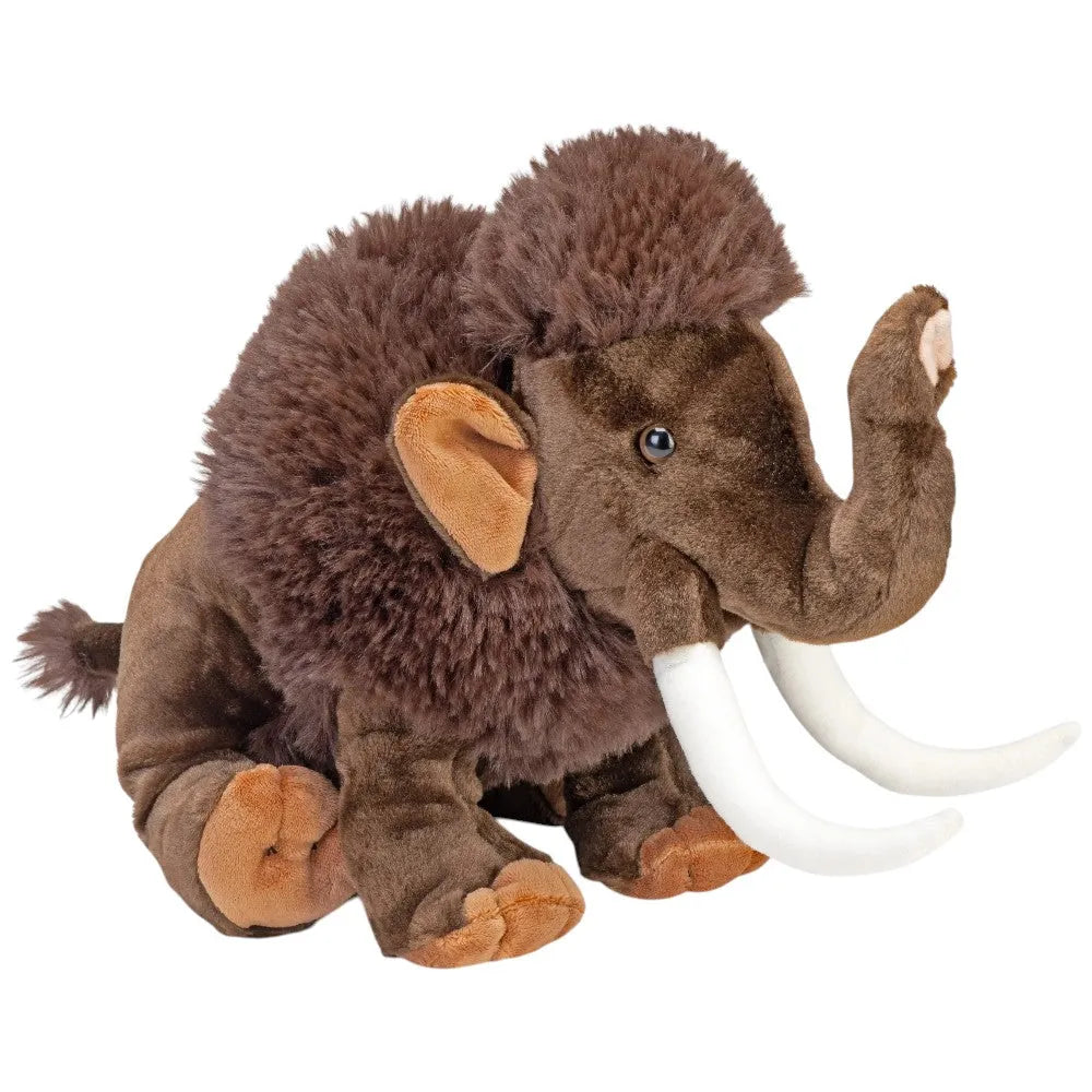 Plush toy woolly mammoth with brown fur and white tusks on a white background