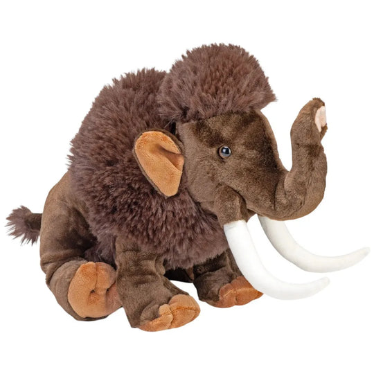 Plush toy woolly mammoth with brown fur and white tusks on a white background