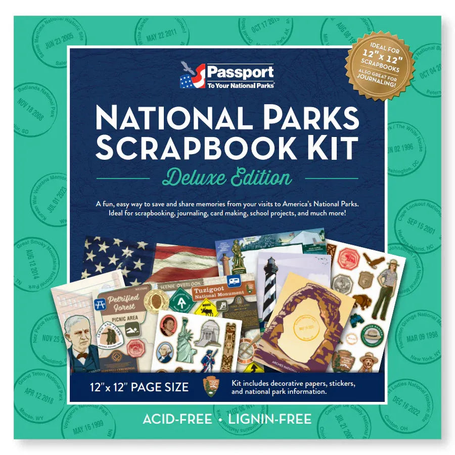 National Parks Scrapbook Kit Deluxe Edition packaging with images of scrapbooking materials on a teal background.