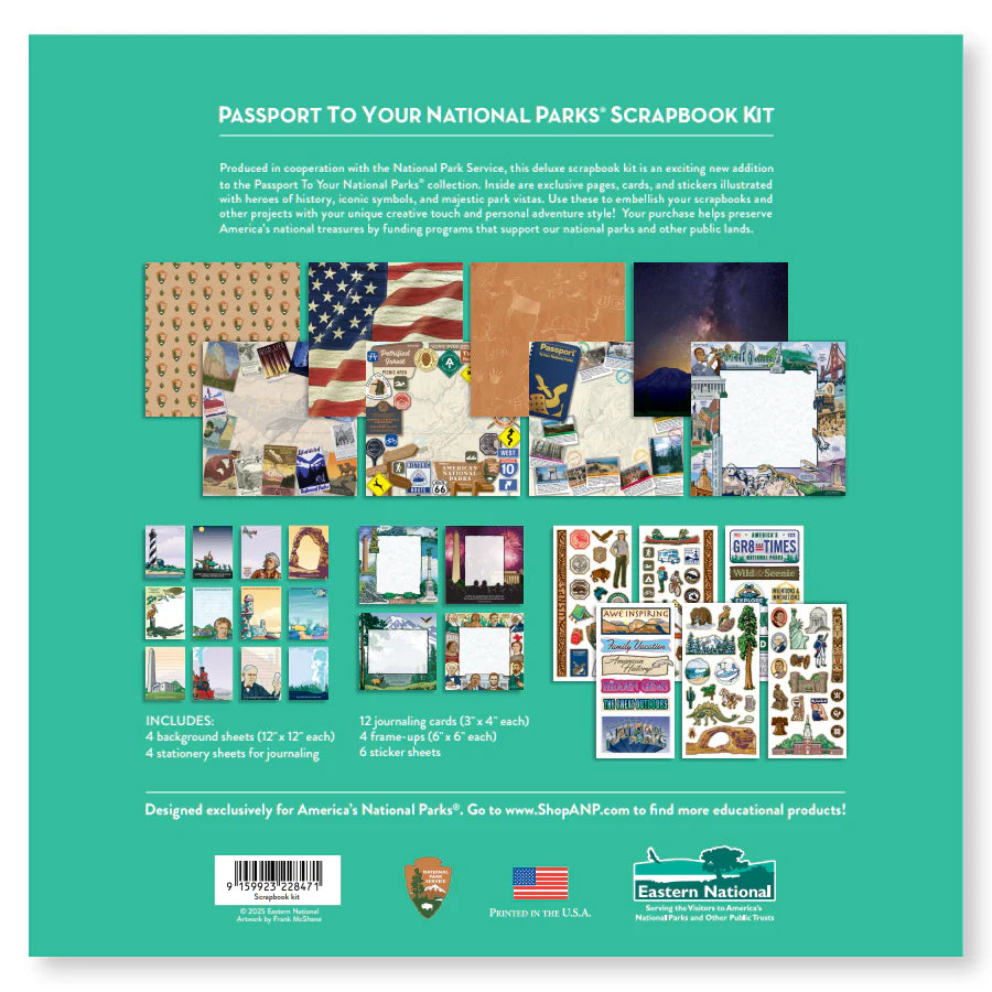 Scrapbook kit packaging with various items on a green background