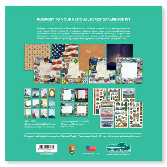 Scrapbook kit packaging with various items on a green background