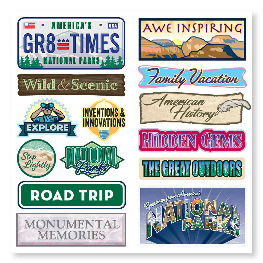 Collection of travel-themed stickers with phrases like 'National Parks', 'Wild & Scenic', and 'Family Vacation' on a white background.
