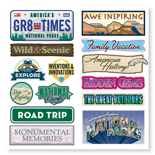 Collection of travel-themed stickers with phrases like 'National Parks', 'Wild & Scenic', and 'Family Vacation' on a white background.