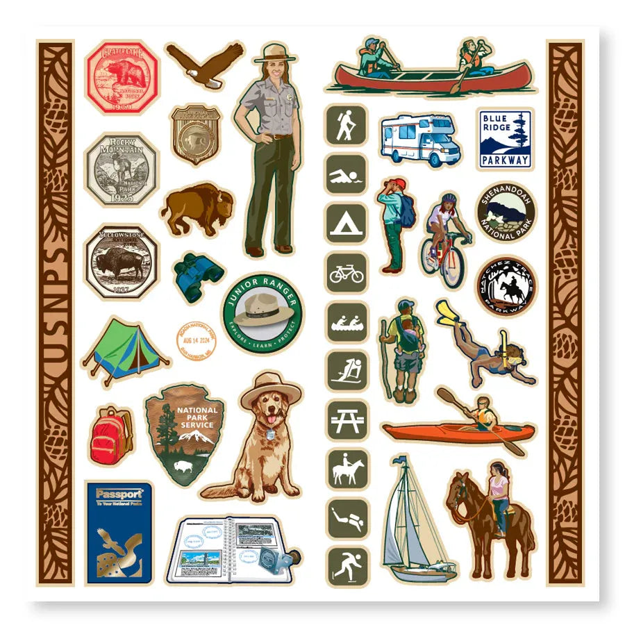 Collection of outdoor-themed stickers on a white background