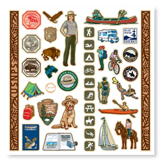 Collection of outdoor-themed stickers on a white background
