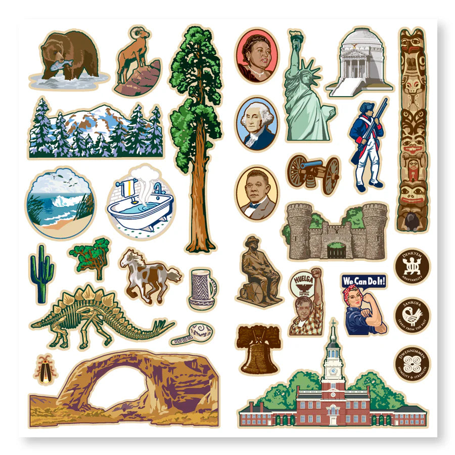 Collection of various illustrated stickers on a white background