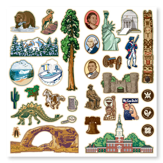 Collection of various illustrated stickers on a white background