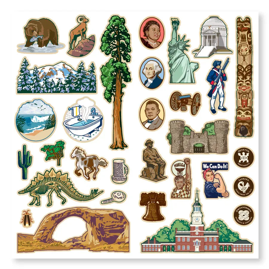 Collection of various illustrated stickers on a white background