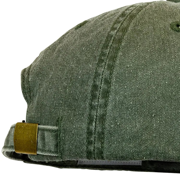 Green cotton cap side view with buckle detail