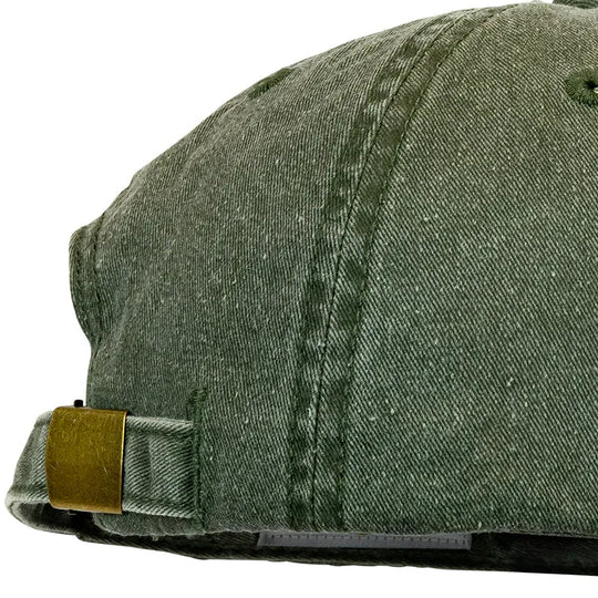 Green cotton cap side view with buckle detail