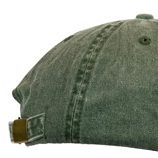 Green cotton cap side view with buckle detail