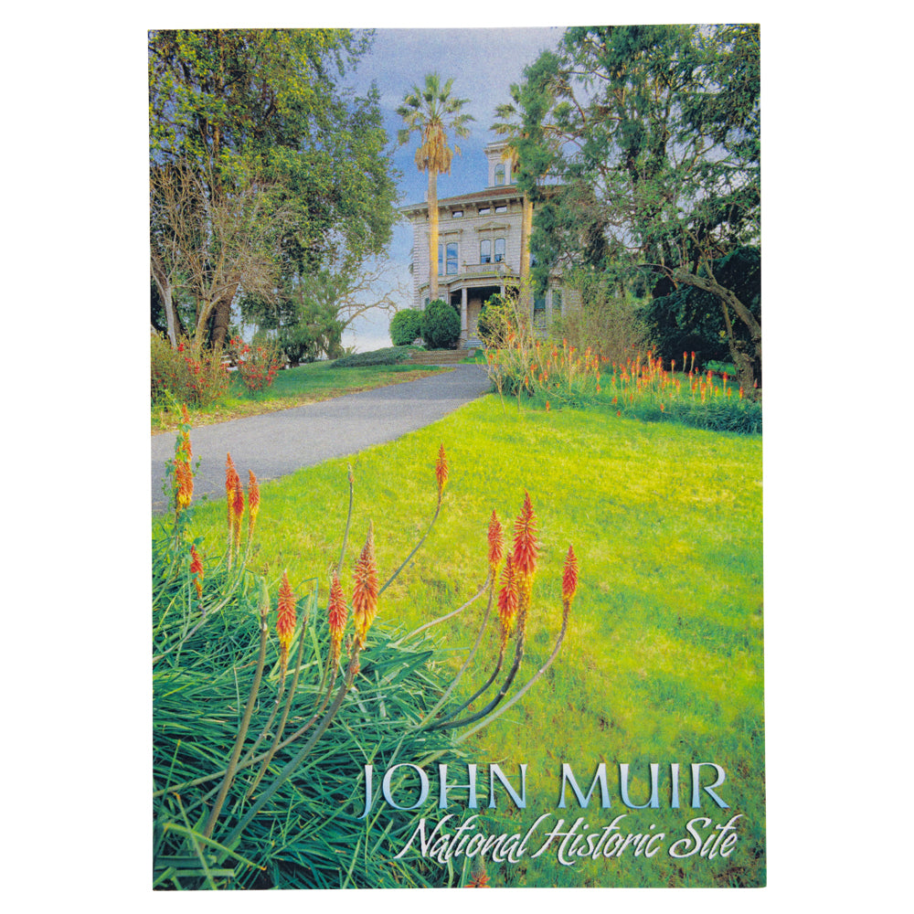 Postcard featuring the John Muir National Historic Site with a scenic view of a house and garden.