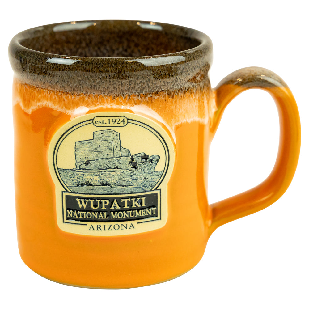 Wupatki National Monument Camper Mug in sunset orange with black white glaze from Deneen Pottery