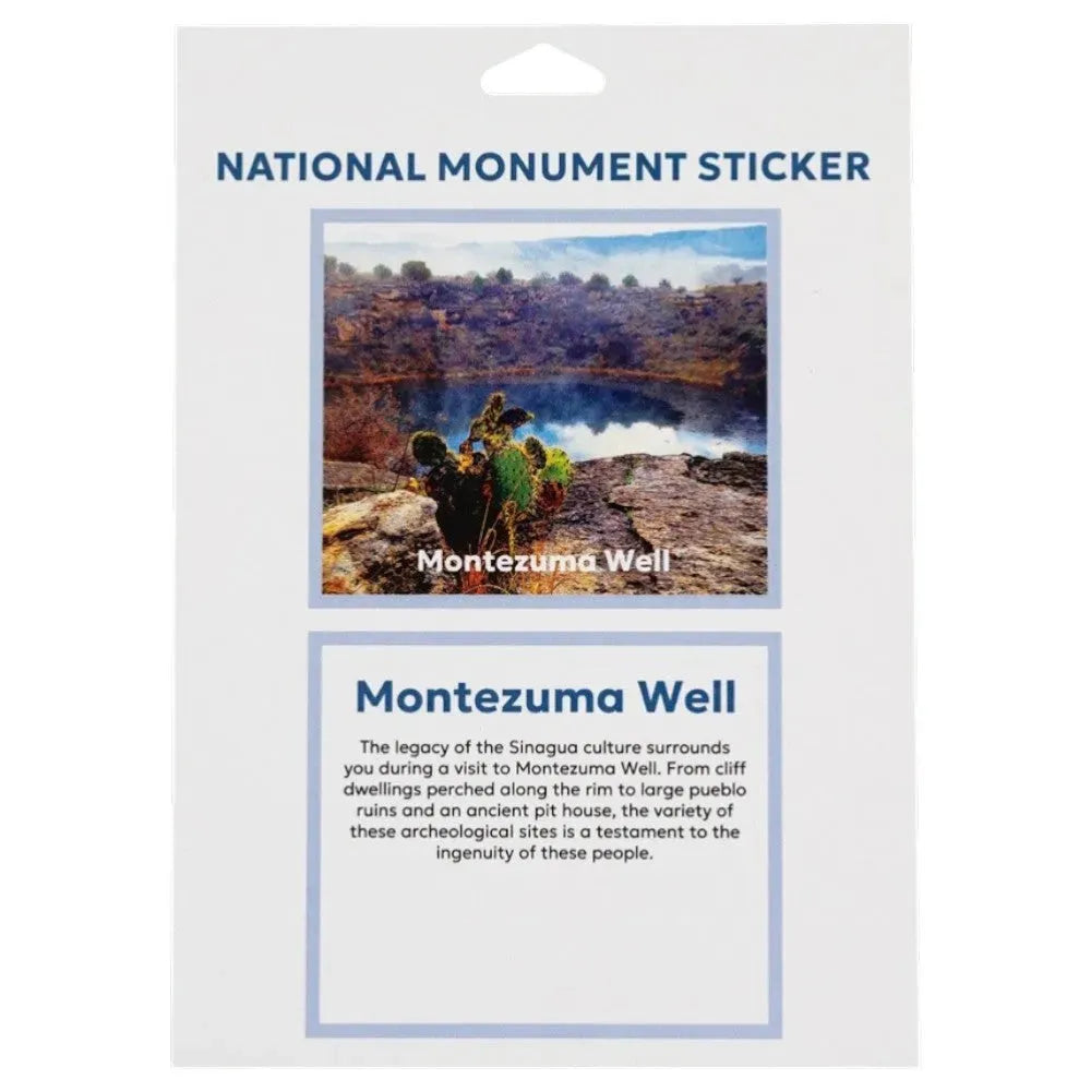 National Monument Sticker packaging for Montezuma Well with scenic image and text.