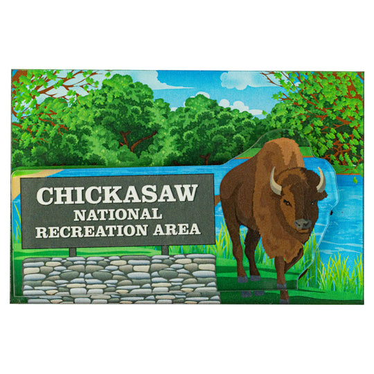 Magnet with a bison and 'Chickasaw National Recreation Area' sign on a natural background