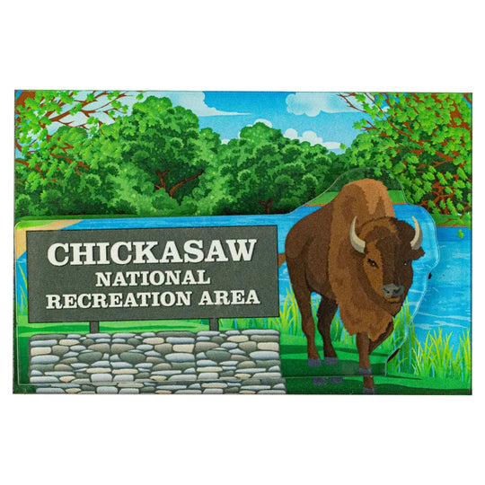 Magnet with a bison and 'Chickasaw National Recreation Area' sign on a natural background