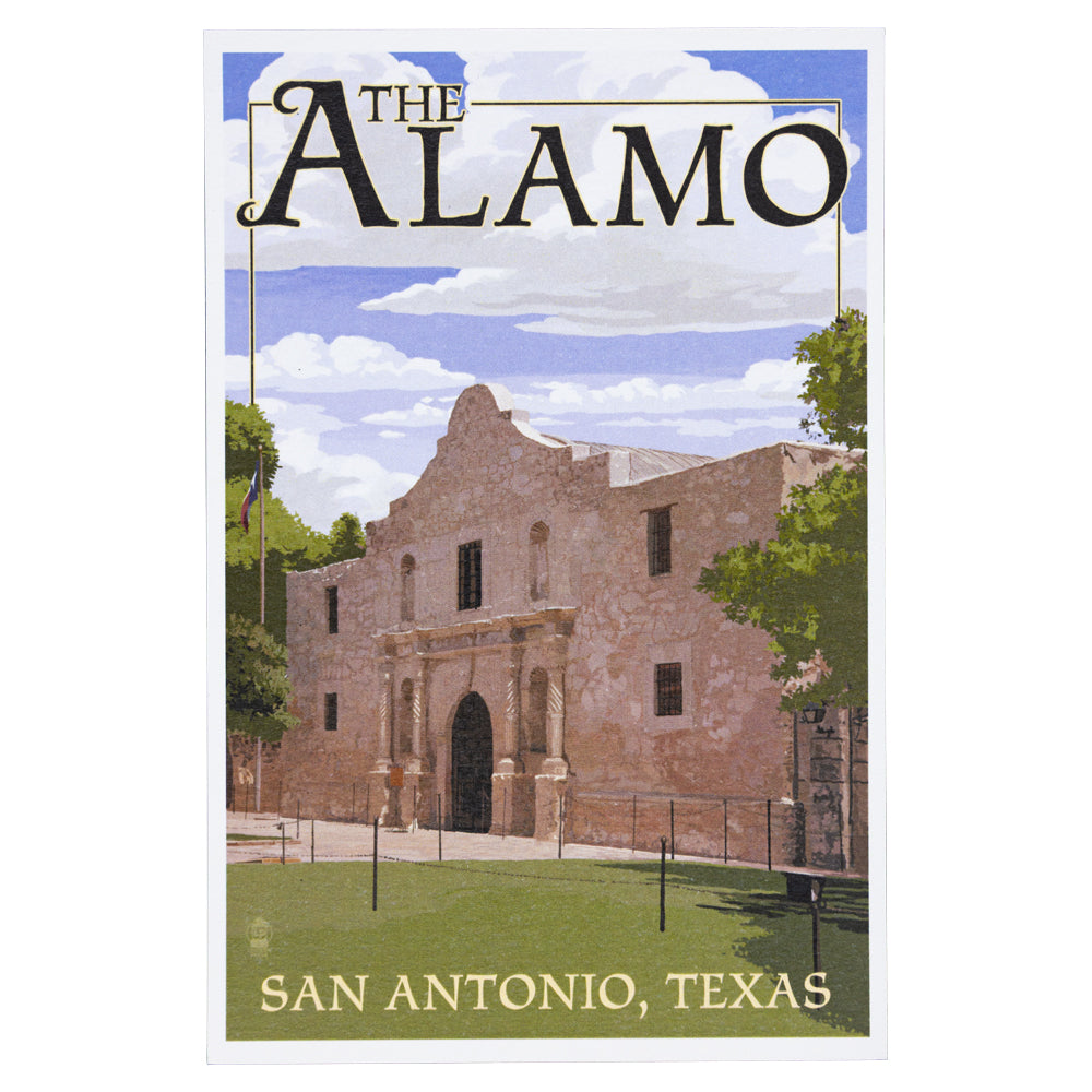 Postcard with the illustration of The Alamo in San Antonio, Texas with a clear sky background.