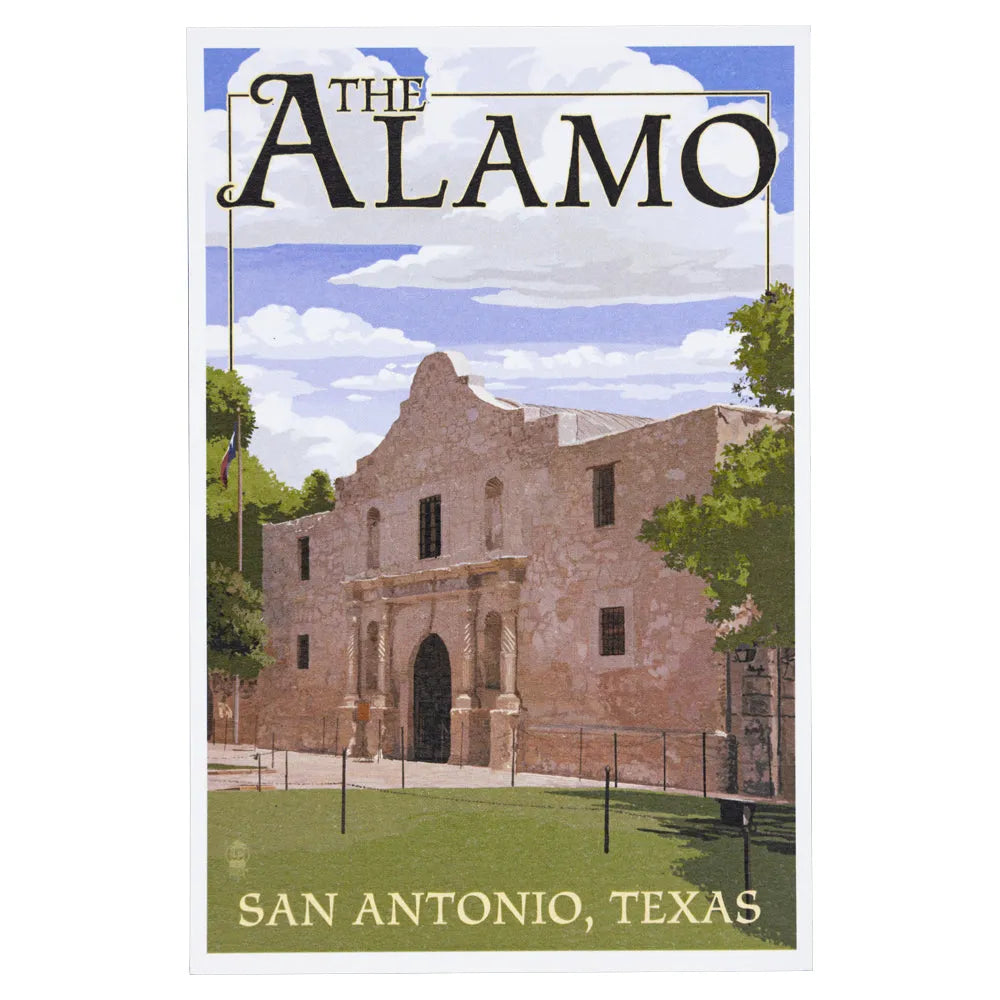Postcard with the illustration of The Alamo in San Antonio, Texas with a clear sky background.