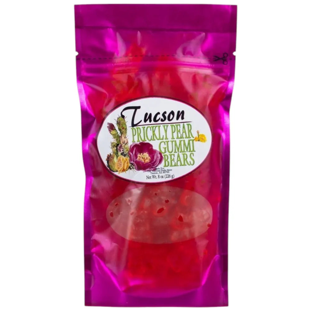 Pink packaging of Tucson Prickly Pear Gummi Bears with a visible brand logo.