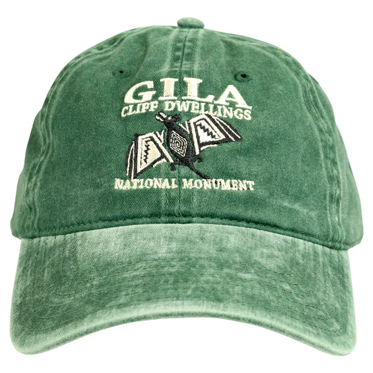 A green washed cotton baseball cap featuring embroidered text and a bat graphic on the front. The text reads &