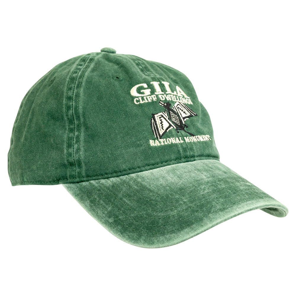 A green washed baseball cap featuring embroidered text and a graphic on the front that reads &