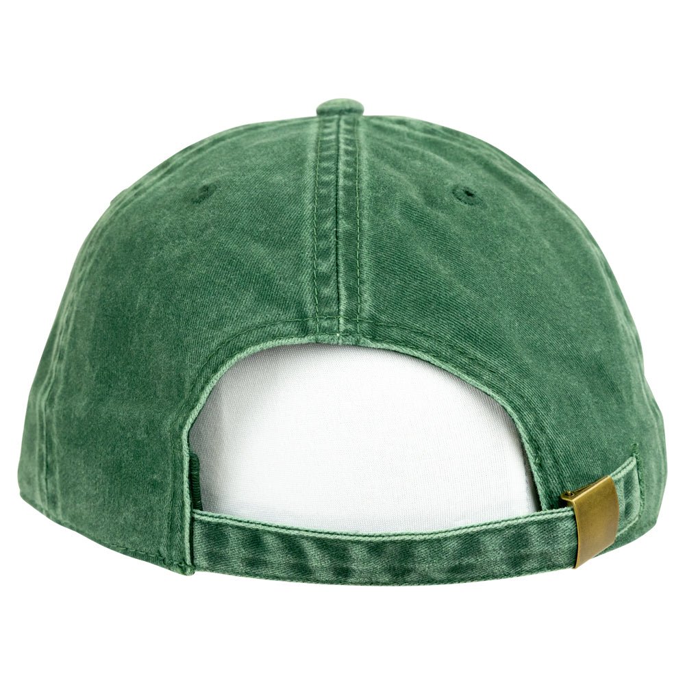 A green acid-wash baseball cap shown from the back, featuring the small gold metal snap closure on the strap, set against a plain white background.