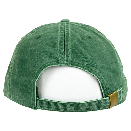 A green acid-wash baseball cap shown from the back, featuring the small gold metal snap closure on the strap, set against a plain white background.