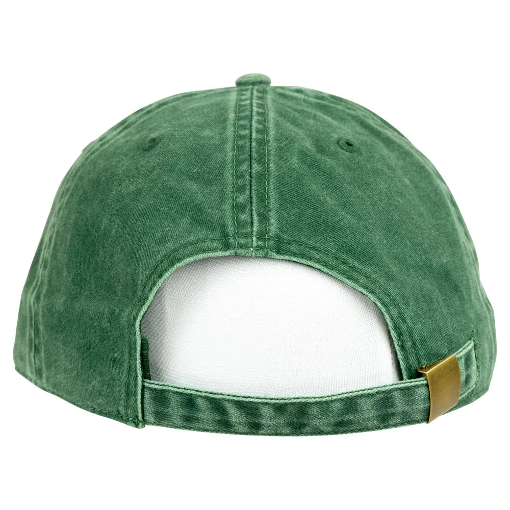 A green acid-wash baseball cap shown from the back, featuring the small gold metal snap closure on the strap, set against a plain white background.
