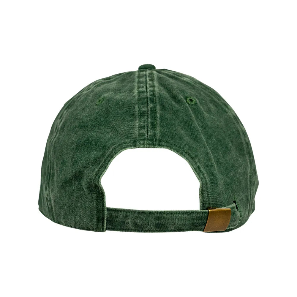 Green denim cap with a metal buckle on a white background
