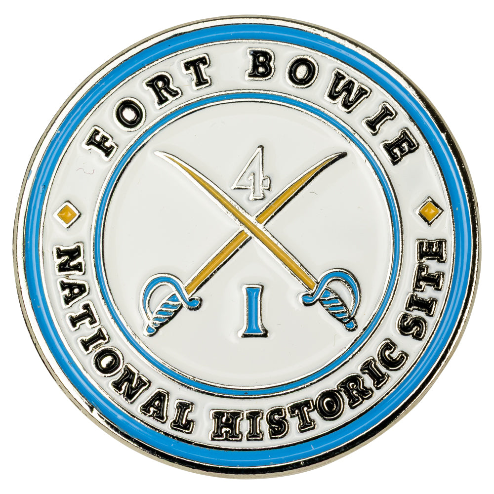 Circular badge with 'Fort Bowie National Historic Site' text and crossed swords design on a white background