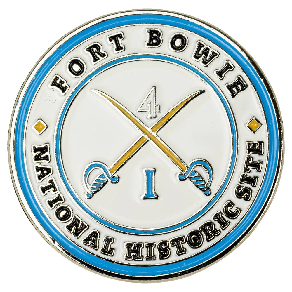 Circular badge with 'Fort Bowie National Historic Site' text and crossed swords design on a white background